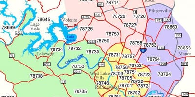 ಆಸ್ಟಿನ್ ಪ್ರದೇಶದಲ್ಲಿ zip ಕೋಡ್ ನಕ್ಷೆ